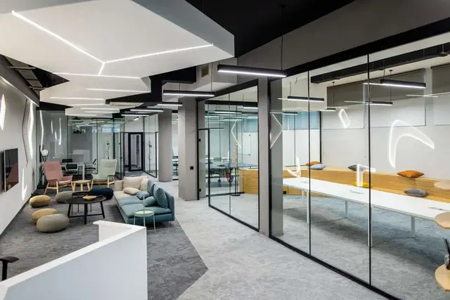 Glass sliding doors in a modern commercial building