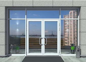 Elegant glass double doors with metal handles leading to a breathtaking balcony view of vibrant cityscape; two small plants flanking the entrance, adding nature to urban escape. Renovation and construction exterior design.
