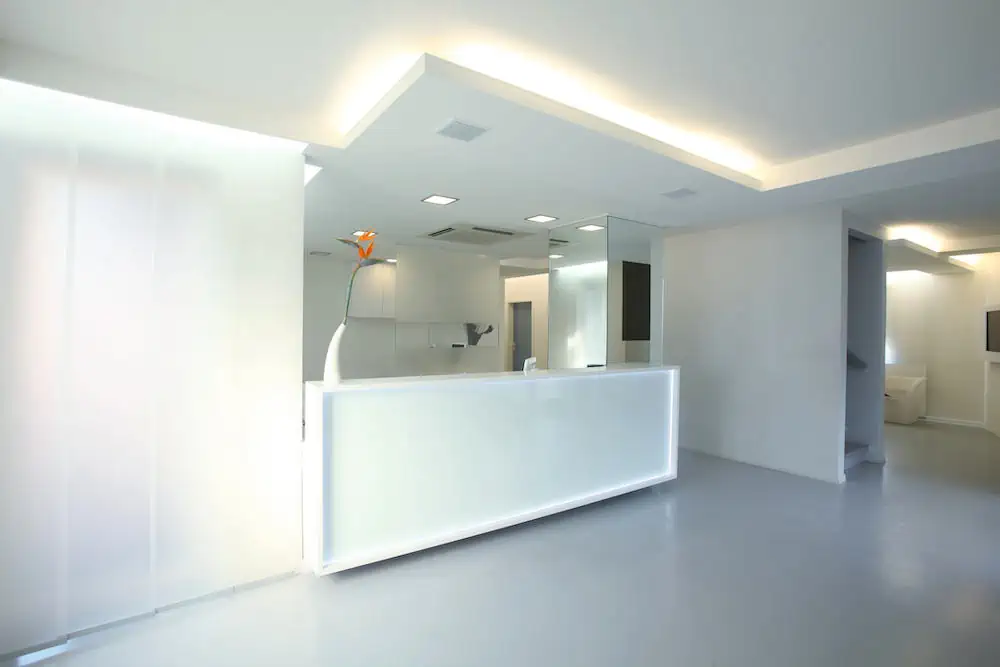 Modern reception area with minimalist design: white counter, single flower vase, neutral colors, clean lines; well-lit and recently remodeled for contemporary appeal.