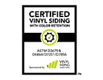 Certified vinyl siding logo with green checkmark, featuring ASTM D3679, D6864/D7251/D7856 standards; sponsored by Vinyl Siding Institute.