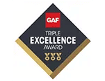 Diamond-shaped GAF Triple Excellence Award logo with gold borders; three gold symbols below emphasize commitment to quality.