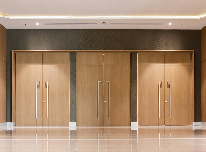 Modern hallway featuring three large wooden double doors with sleek metal handles, highlighting expert interior door installation and renovation services.