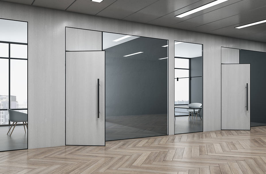Office interior renovation with sleek glass doors, wooden herringbone flooring, and modern ceiling lights for a stylish workspace. Ideal for interior remodeling projects focused on functionality and elegance.