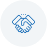 Icon featuring two hands shaking, representing commitment and partnership; blue outline on a light background, ideal for illustrating exterior and interior renovation services.