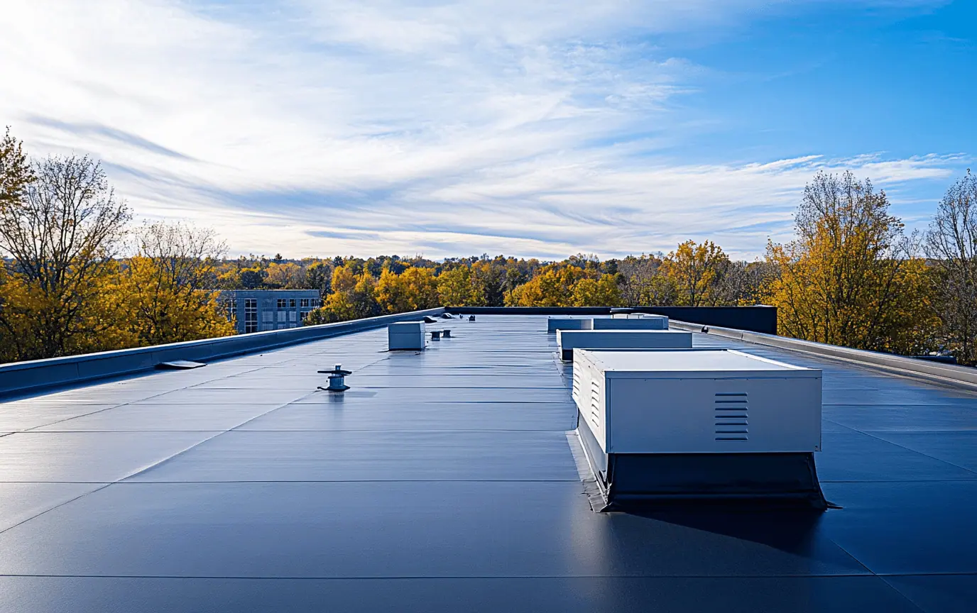 Flat rooftop featuring ventilation units amidst vibrant autumn trees and a clear blue sky with wispy clouds, showcasing exterior renovation potential.