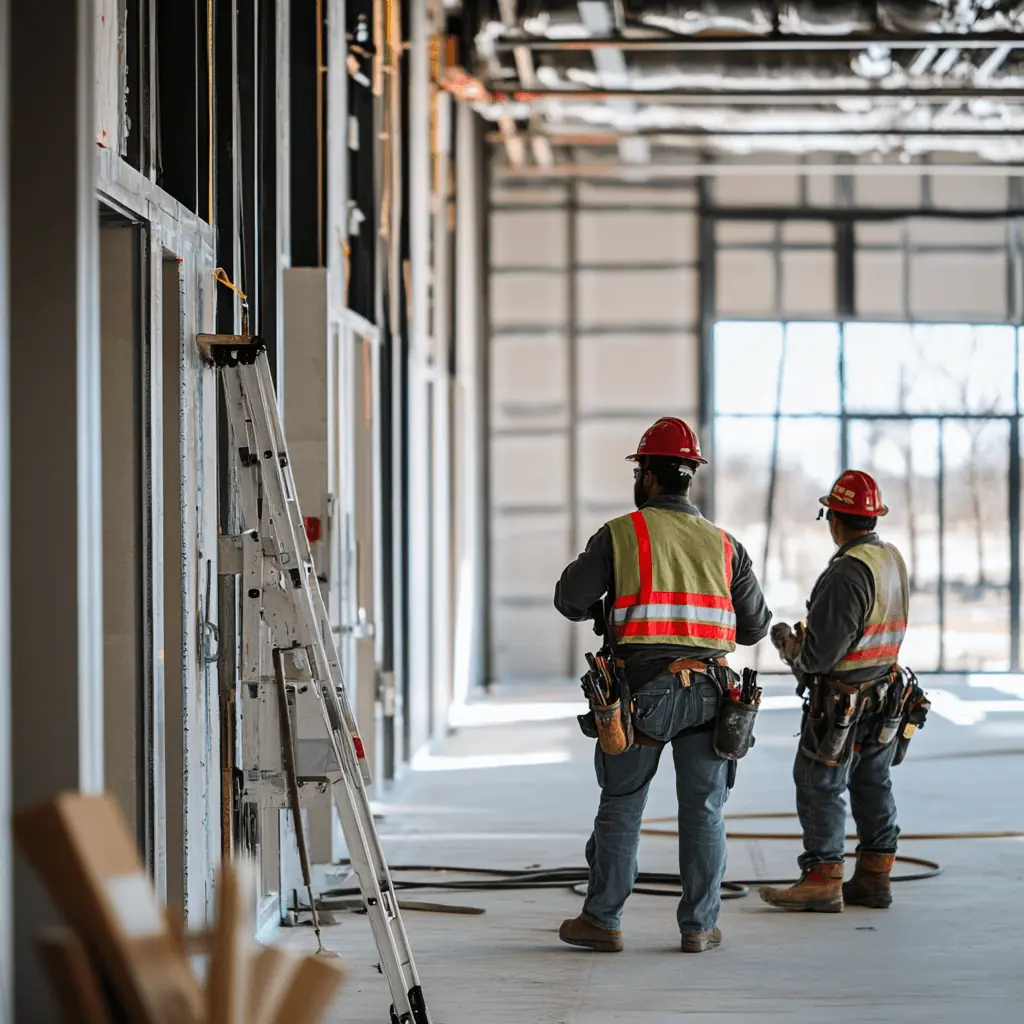 Two construction workers in hard hats and reflective vests stand inside a partially built structure, discussing commercial remodeling versus new construction challenges. A ladder and various tools surround them, illustrating ongoing renovation tasks.