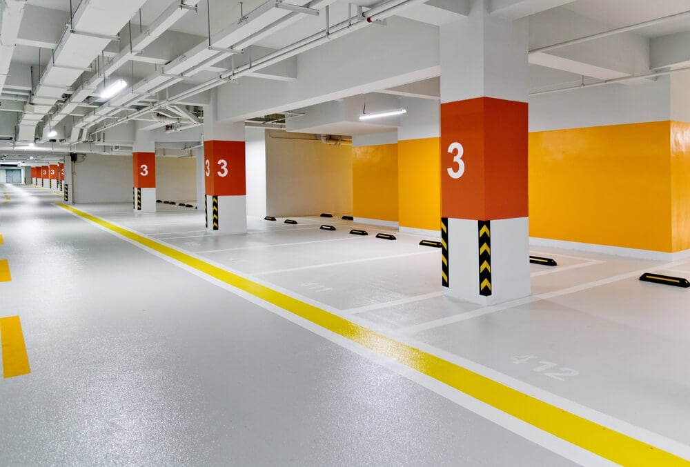 View from inside parking garage with fresh striping