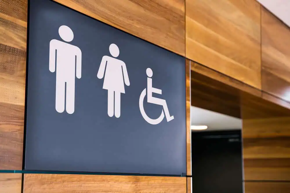 ADA-compliant restroom sign with male, female, and wheelchair symbols on wood-paneled wall for accessible commercial bathrooms.