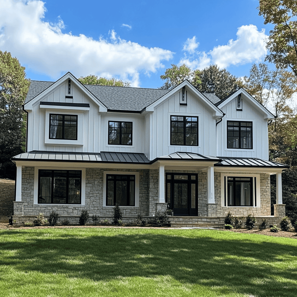 Two-story white farmhouse-style home with black-framed windows, gray roof, and stone accents for Fairfax, Virginia Home Remodel.