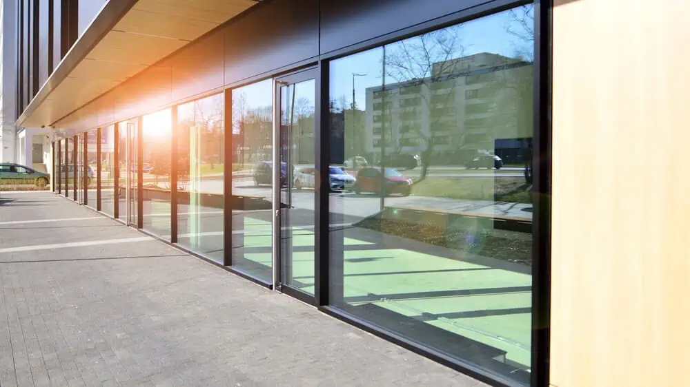 Commercial building with a glass front facade.