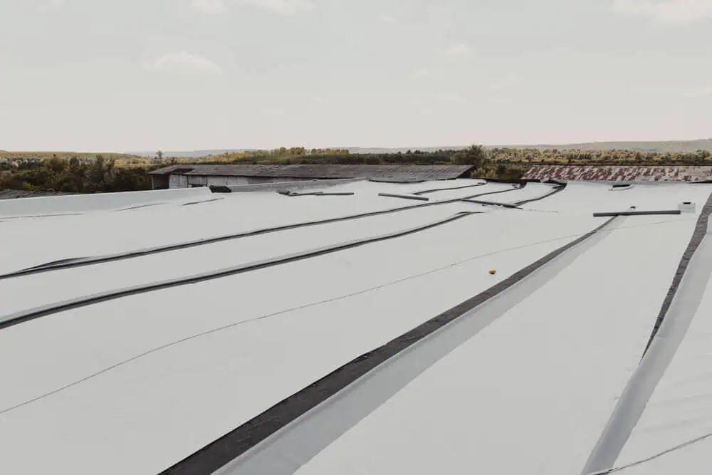 Aerial view of a large white rooftop with visible seams across a rural landscape, surrounded by trees and distant buildings under a clear sky; ideal for showcasing commercial roof replacement and renovation costs.