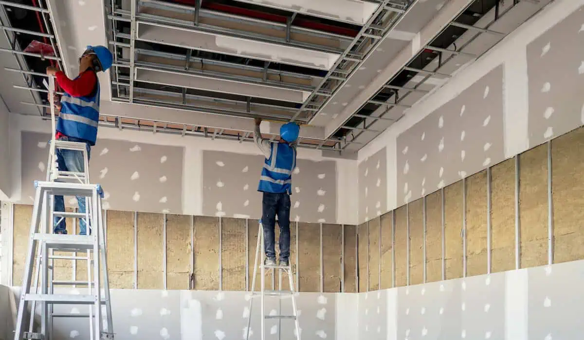 Construction workers in blue vests and helmets expertly renovating commercial ceiling; ladders, drywall, insulation visible at Laurel construction site.