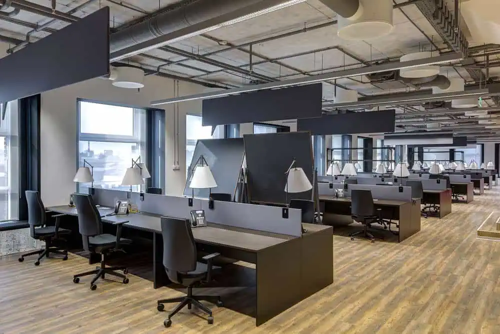 A freshly renovated office space with rows of desks and modern design