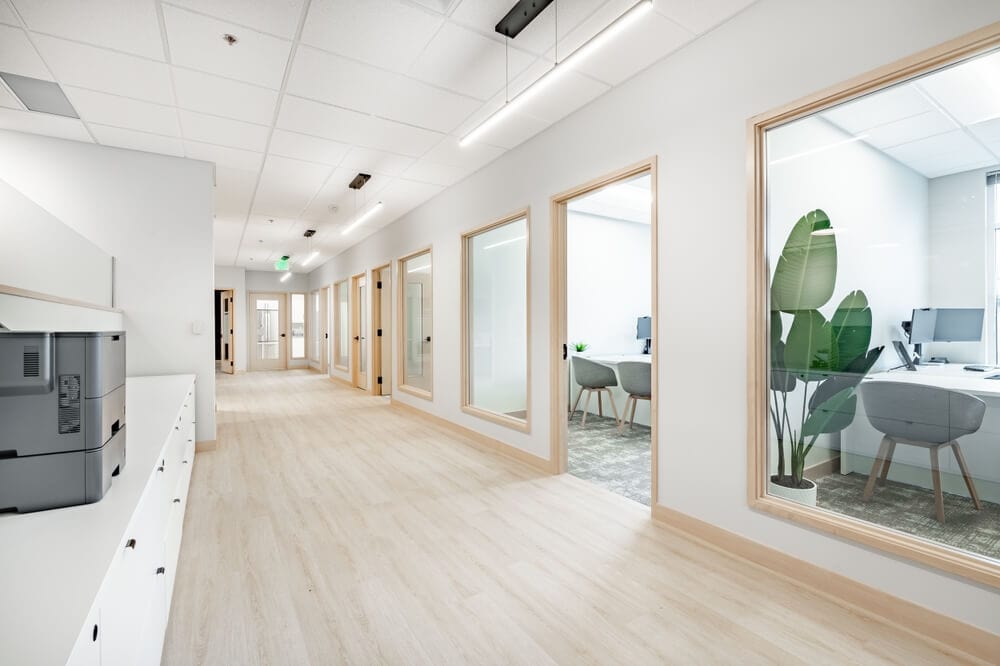 Modern office hallway renovation with light wood floors, large windows, finished drywall, furnished meeting rooms, and interior design elements in Rockville MD.